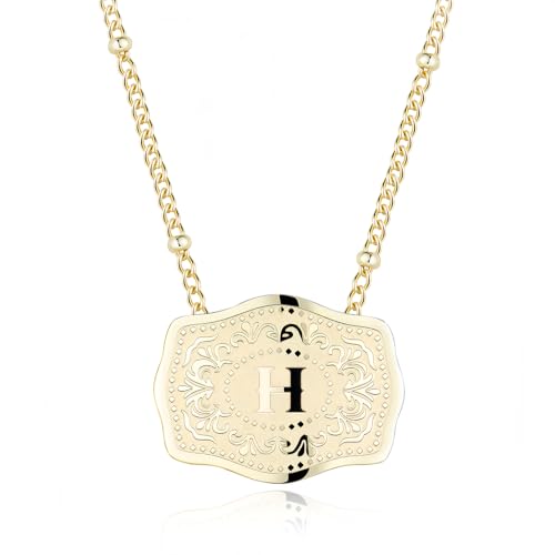 14K Gold-Plated Initial Necklace for Women, Western Belt Buckle Letter Pendant, Alphabet Necklace Includes 2 Chains, Cowgirl Jewelry Gift - color: H