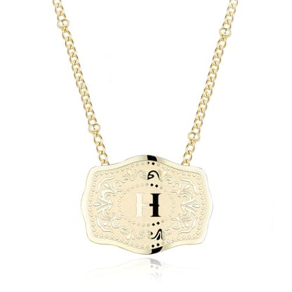 14K Gold-Plated Initial Necklace for Women, Western Belt Buckle Letter Pendant, Alphabet Necklace Includes 2 Chains, Cowgirl Jewelry Gift - color: H