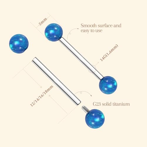 AROWRO Nipple Piercing Jewelry G23 Titanium Nipple Rings Tongue Rings Nipple Bar 14G Internally Threaded Straight Barbells Bridge Piercing Jewelry 12mm-20mm - color: Silver+Blue Opal