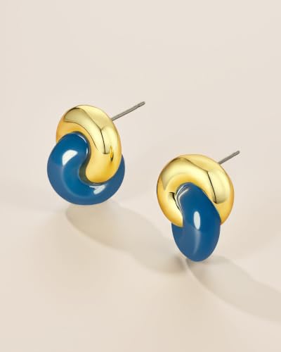 Small Twist Interlock Chunky 18K gold plated Gemstone Natural Stone (Brown, Green, Pink, White) Statement Earrings for Women by SNGIA, Dainty Love Knot Tiger Eye Amber Jade Tourmaline Bold Handmade Exaggerated Dome Retro Rounded Button Half Ball Trendy Bo