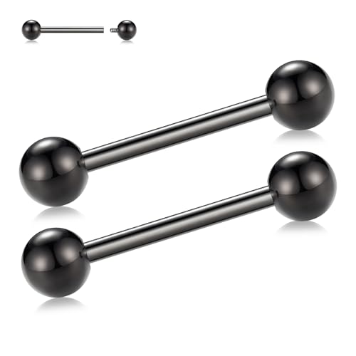 PEAKLINK Internally Threaded Nipple Rings Titanium Nipple Bars Piercing Jewelry 1 Pair Tongue Rings Eyebrow Jewelry Bridge Piercings - color: Black Nipple Straight Barbell
