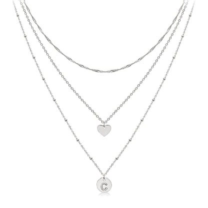 Layered Initial Choker Necklaces Handmade 14K Gold Plated Dainty Heart Personalized Letter Disc Pendant Layering Gold Necklaces for Women Gift Jewelry,Valentines Day Gifts for Mom Wife Girlfriend - style: C-Silver