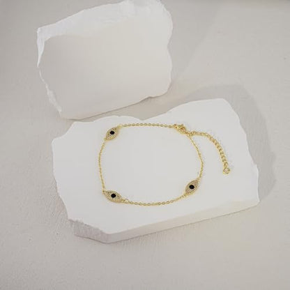 Bheop Ankle Bracelets for Women 14K Gold Silver Plated Waterproof Anklets | Evil Eye Pearl Heart Conch Shell Charm, Boho Adjustable Foot Chain, Dainty Summer Beach Jewelry Gifts, Non Tarnish - color: GD-Three Evil Eye