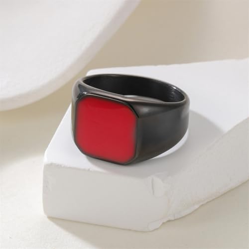 PAURO Unisex Stainless Steel Minimalist Square Enamel Signet Ring Plated Glossy Wedding Band - color: Black Red