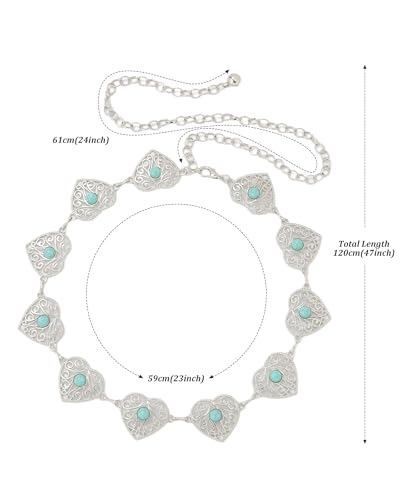 WELROG Metal Waist Chain Belt for Women - Pearls Gold Silver Chain Belts for Dresses Jeans - color: Heart-shaped turquoise (silver)