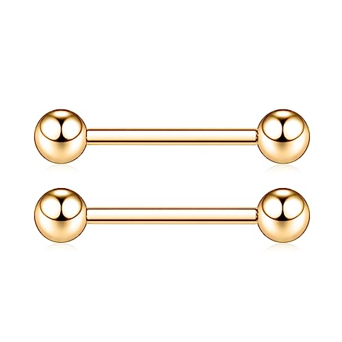 PEAKLINK Internally Threaded Nipple Rings Titanium Nipple Bars Piercing Jewelry 1 Pair Tongue Rings Eyebrow Jewelry Bridge Piercings - color: Gold Nipple Straight Barbell