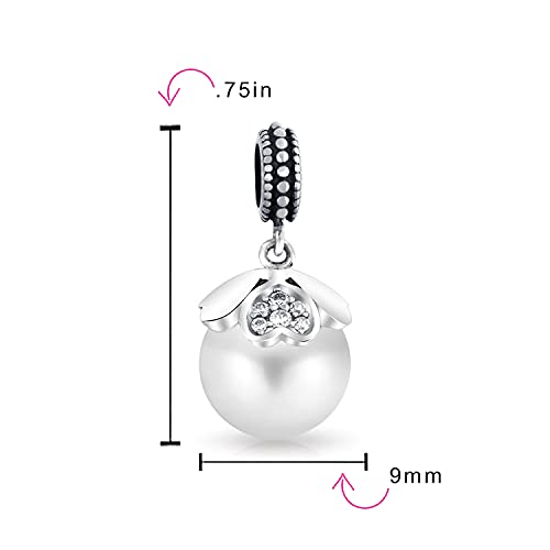 Bling Jewelry .925 Sterling Silver Vintage Style Heart Cap Faux White Pearl Dangle Charm Bead For Women for Bracelet