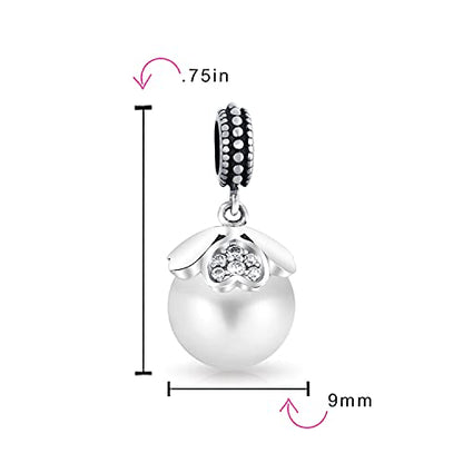 Bling Jewelry .925 Sterling Silver Vintage Style Heart Cap Faux White Pearl Dangle Charm Bead For Women for Bracelet