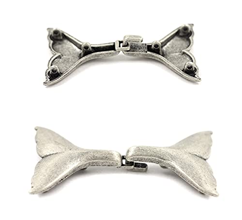 bezelry 3 Pairs Whale Tail Cape or Cloak Clasp Fasteners. 62mm x 35mm Fastened. Sew On Hooks and Eyes Cardigan Clip (Antique Silver) - color: Antique Silver