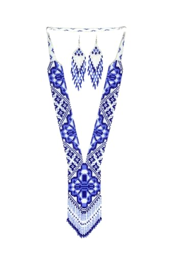 Long Beaded Necklace – Boho Native Handmade Seed Bead Tassel Necklace, Bohemian Large Statement Beaded Necklace for Women - color: Royal Blue White