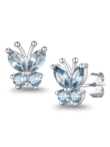 Suplight Butterfly Stud Earrings 925 Sterling Silver 14K Gold Brithstone Earrings for Women Brithstone Jewelry Gifts - color: 03.March( Aquamarine), size: Silver