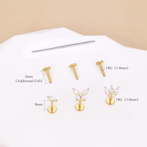 limerencia Titanium Internally Threaded Flat Back Earrings, 3 Pcs Implant Grade Hypoallergenic Studs, 18G Tragus Helix Conch Cartilage Piercing Jewelry for Sensitive Ears Women Men, Gold/Silver - color: Gold-Vibe C