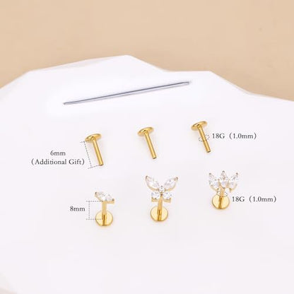 limerencia Titanium Internally Threaded Flat Back Earrings, 3 Pcs Implant Grade Hypoallergenic Studs, 18G Tragus Helix Conch Cartilage Piercing Jewelry for Sensitive Ears Women Men, Gold/Silver - color: Gold-Vibe C