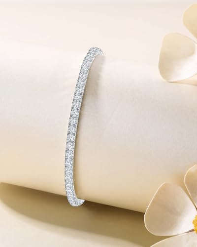 DAYBYDAY 3mm Stretch Tennis Bracelets for Women, 925 Sterling Silve Birthstone Bracelet, Dainty Adjustable Stackable Gemstone Cubic Zirconia Bracelet, Length 7.25-8 Inch