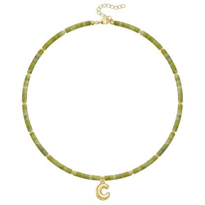 KELORIS PATH Beaded Initial Necklace for Women, 14K Gilded Plated Bubble Letter Pendant Natural Handmade Stone Choker Boho Colorful Summer Beach Jewelry Gift - color: Green Aventurine, style: Letter C
