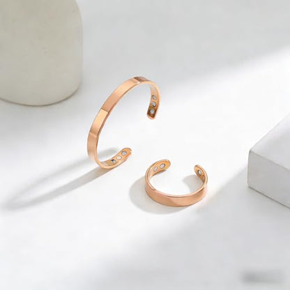 Calming Bracelet Ring Set for Women, Menopause Bracelets Adjustable Bangle Stainless Steel Cuff Climacterium Anxiety Stress Relief Energy Open Jewelry Gift - color: Rose Gold + Rose Gold