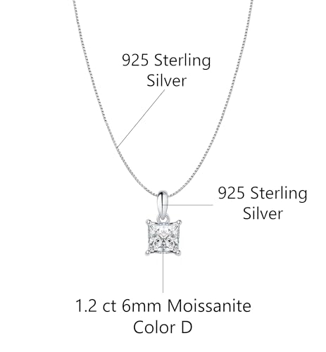 Savlano 925 Sterling Silver Moissanite Pendant Necklace, 6MM,8MM Round, Princess & Heart Cut 0.8–2CT D Color, with 18" Box Chain for Women – Comes with A GRA Certificate – Made in Italy - style: 1.2ct 6mm Princess Cut