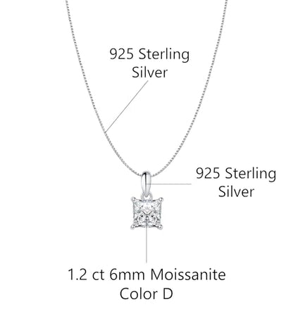 Savlano 925 Sterling Silver Moissanite Pendant Necklace, 6MM,8MM Round, Princess & Heart Cut 0.8–2CT D Color, with 18" Box Chain for Women – Comes with A GRA Certificate – Made in Italy - style: 1.2ct 6mm Princess Cut