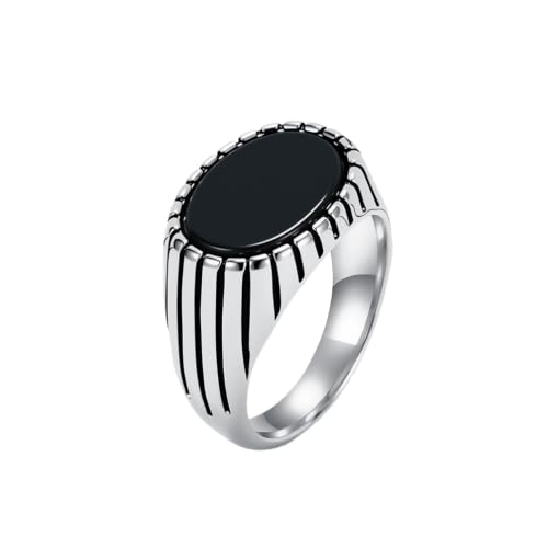 Oval Zircon Men's Grooved Signet | Retro Chunky Stainless Steel Geometric Band, Cool Industrial Statement Jewelry for Him, Biker Fashion Accessory - color: Oval Silver