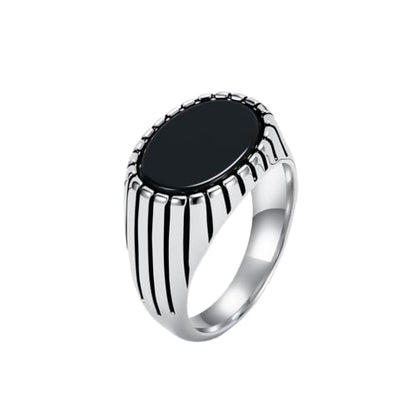 Oval Zircon Men's Grooved Signet | Retro Chunky Stainless Steel Geometric Band, Cool Industrial Statement Jewelry for Him, Biker Fashion Accessory - color: Oval Silver