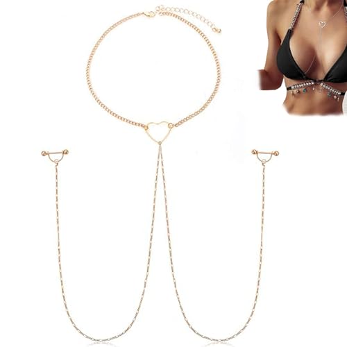 Nipple Ring with Choker Necklaces Stainless Steel Nipple Rings Chain Heart Cat Head Punk Chokers for Women Nipple Barbell Piercing Jewelry - color: Rose Gold - Heart Style