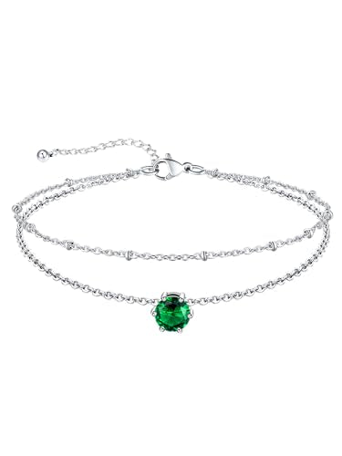 U7 Silver Ankle Bracelet for Women, Waterproof Layered Ankle Round Gem Birthstone Anklets, Summer Beach Foot Jewelry, Adjustable 8.5"-10.5" - color: 05.May-Emerald Green