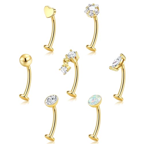 ORAZIO 7 Pcs Belly Button Ring Surgical Steel Hypoallergenic Floating Belly Button Rings for Women Flat Back CZ Opal Internally Threaded Long Bar Navel Piercing Jewelry 14G Gold Silver Tone - color: Gold Tone, size: 14mm