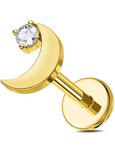 OUFER 18G Moon Cartilage Piercling Jewelry-G23 Titanium Flat Back Push Pin Gold Helix Earrings, Shiny Emerald CZ Tragus Lobe Rook Helix Piercing Jewelry - style: Gold