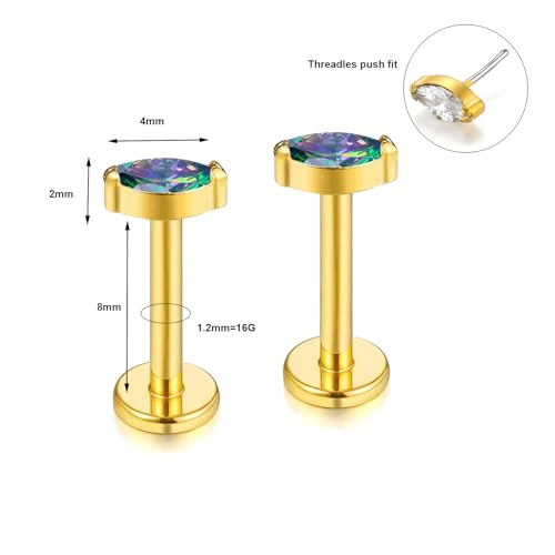BelezaDosas G23 Titanium Labret Studs 16G Threadless Push-in Press Fit Lip Cluster Tragus Helix Lobe Conch Rook Medusa Cartilage Monroe Earring Push Back Piercing Jewelry - color: 16g8mm eye gd vm