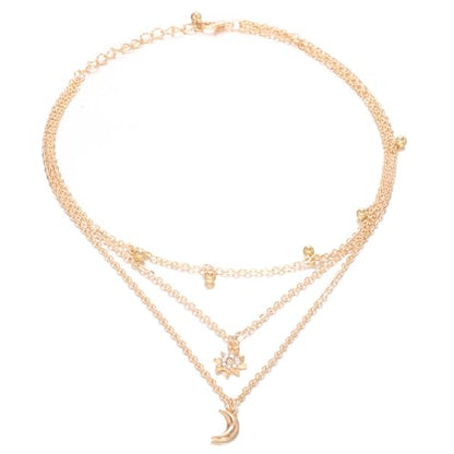 Layered Moon Star Crystal Necklace Gold Silver Plated Boho Charm Crescent Lucky Stars Small Bell Tassel Sparkly Rhinestone Cubic Zirconia Chain Necklace for Women Christmas Birthday Trendy Jewelry Gifts - color: Gold necklace