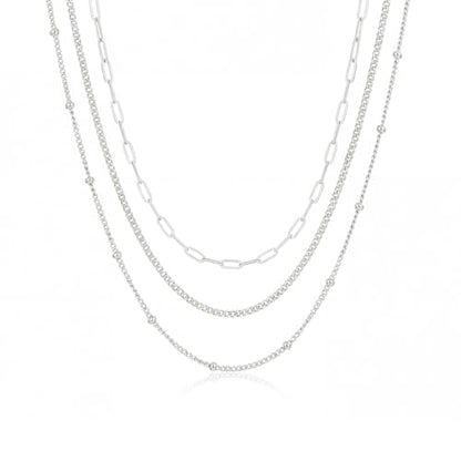 3PCS Gold Necklaces for Women,Chunky Statement Gold Plated Necklace Stack Layered Sterling Silver Herringbone Chains for Women Dainty Trendy Silver Chains Stacked Jewelry Gifts - color: silver beaded necklace set