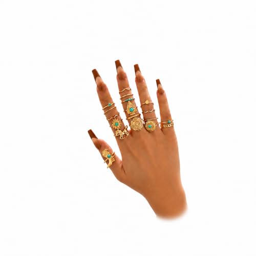 Chunky Gold Rings for Women Non Tarnish, Baroque Pearl Flower Tiger's Eye Stone Rings Adjustable Stacking Statement Rings Set Fashion Jewelry Gifts - style: Diamond/Heart
