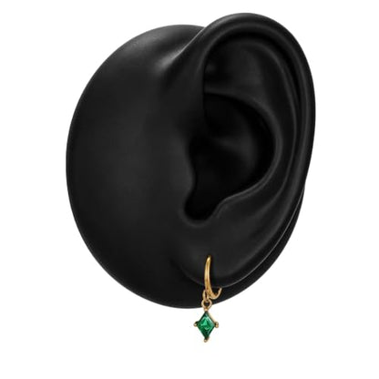 Surgical Steel Hoop Earrings for Women - Hypoallergenic Small Cartilage Huggies with Cubic Zirconia Dangle - color: Green-18K Gold Plated
