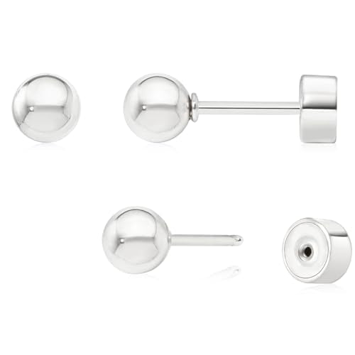 Sweetkiki Threadless Flat Back Earrings, 14K Gold Plated Ball Stud Earrings Hypoallergenic | Cartilage Earring | Helix Piercing Jewelry | Tragus Piercing Jewelry | Push in Flatback Earrings for Women Men - color: Silver, size: 4 Millimeters