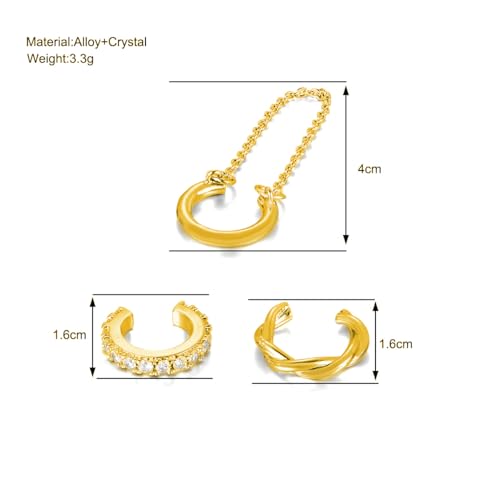 3Pcs Ear Cuffs Non Piercings for Women, Trendy Cubic Zirconia Gold Silver Clip On Cuff Earrings Set Jewelry Dainty Fake Cartilage Earring - color: Gold Chain