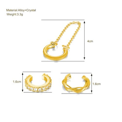 3Pcs Ear Cuffs Non Piercings for Women, Trendy Cubic Zirconia Gold Silver Clip On Cuff Earrings Set Jewelry Dainty Fake Cartilage Earring - color: Gold Chain