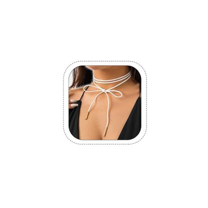Bethynas Gothic Bow-knot Velvet Choker Necklace Sexy Long Wrap Rope Collar Tie Neck Chain with Silver Gold Pendant Boho Party Neck Accessories for Women - color: White