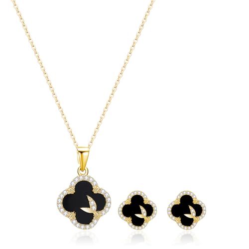 14K Gold Plated | 14K Platinum Plated Necklace for Women Necklace Earrings Set with Sparkling Zircon Inlay and Silver Post Earrings - color: clover suit gold