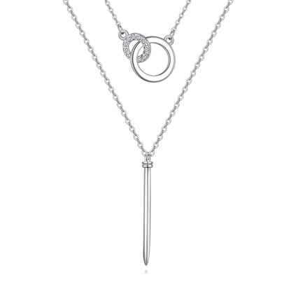 925 Sterling Silver Double Layer Vertical Bar Circle Necklace for Women, Minimalist Dainty Layered Pendant Chain Jewelry, Gift for Her