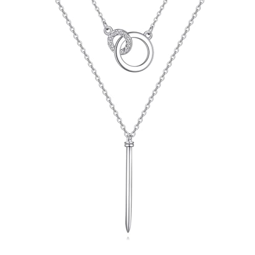 925 Sterling Silver Double Layer Vertical Bar Circle Necklace for Women, Minimalist Dainty Layered Pendant Chain Jewelry, Gift for Her