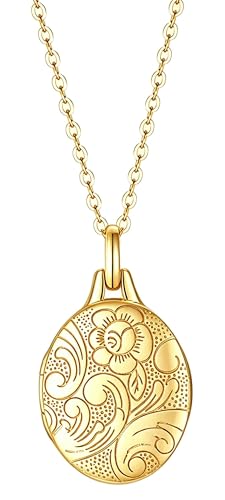 YOUFENG Love Heart Locket 14K Gold-Filled Oval Circle Rectangle Lockets that Hold Pictures Floral Patterns Necklace for Women - style: Gold Oval