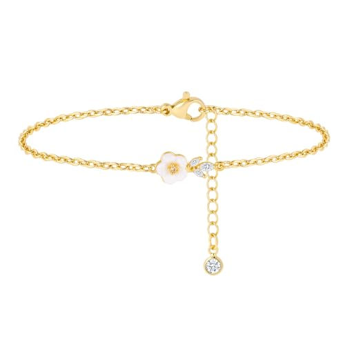 Gold Bracelets for Women Pearl Bracelet 14k Gold/White Gold Plated | Dainty Cubic Zirconia CZ Accented, Bridesmaid Jewelry, Prom Bracelet, Wedding Bracelets for Brides - color: gold-cute flower