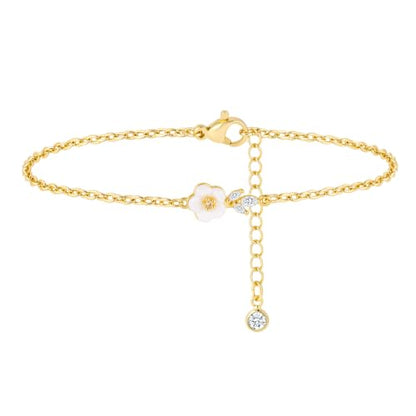 Gold Bracelets for Women Pearl Bracelet 14k Gold/White Gold Plated | Dainty Cubic Zirconia CZ Accented, Bridesmaid Jewelry, Prom Bracelet, Wedding Bracelets for Brides - color: gold-cute flower