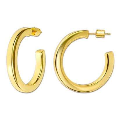 18K Gold Plated Sterling Silver Earrings for Women – Pure & Polished, Twist, Square, Hinged Tube, Abstract & Heart Shape Hoops – Lightweight, Hypoallergenic, Non-Tarnish Jewelry (Sizes: 3x35mm-46x30mm) - color: Gold, size: Square Tubing Hoop (4x40mm)