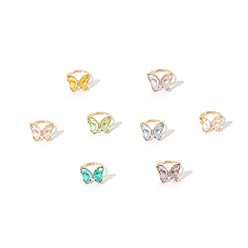 8 Pcs Gold Plated 3D Butterfly Rings Acrylic Adjustable Open Colorful Crystal Bowknot Shaped Band Rings for Women Girls Finger Jewelry - color: transparent