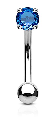 Forbidden Body Jewelry 16g 8mm Surgical Steel Curved Barbell w/Solitaire CZ for Daith, Eyebrow & Rook Piercings - color: Steel/Blue
