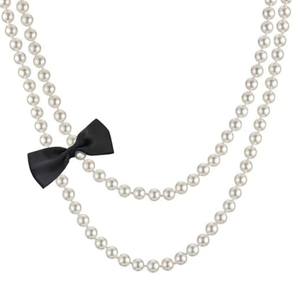 Long Pearl Necklace for Women 59" Faux White Pearls Necklaces Black Bow Pearl Beads Necklace 1920s Statement Bride Wedding Jewelry Gifts - color: Black Bow Pearl Necklace