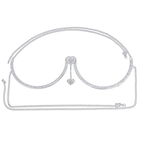 Rhinestone Chest Bracket Chain Trendy Crystal Heart Pendant Bra Chain Sexy Bikini Body Chain Jewelry for Women - color: Silver