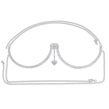Rhinestone Chest Bracket Chain Trendy Crystal Heart Pendant Bra Chain Sexy Bikini Body Chain Jewelry for Women - color: Silver