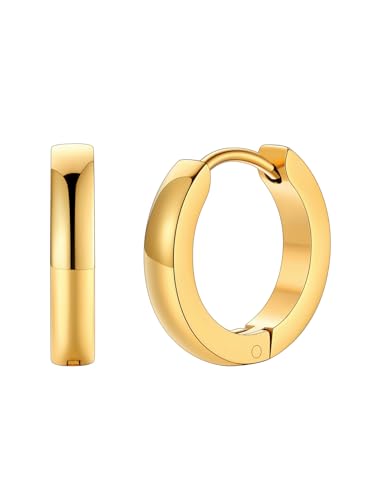 FaithHeart Stainless Steel Black/Silver/Gold Huggie Hoop Earrings for Men | Hypoallergenic Small Hoop Earrings Lightweight Sleeper Earrings Waterproof Cartilage Piercing Jewelry Gift 8-16mm - color: Gold-Flat, size: Diameter 12mm